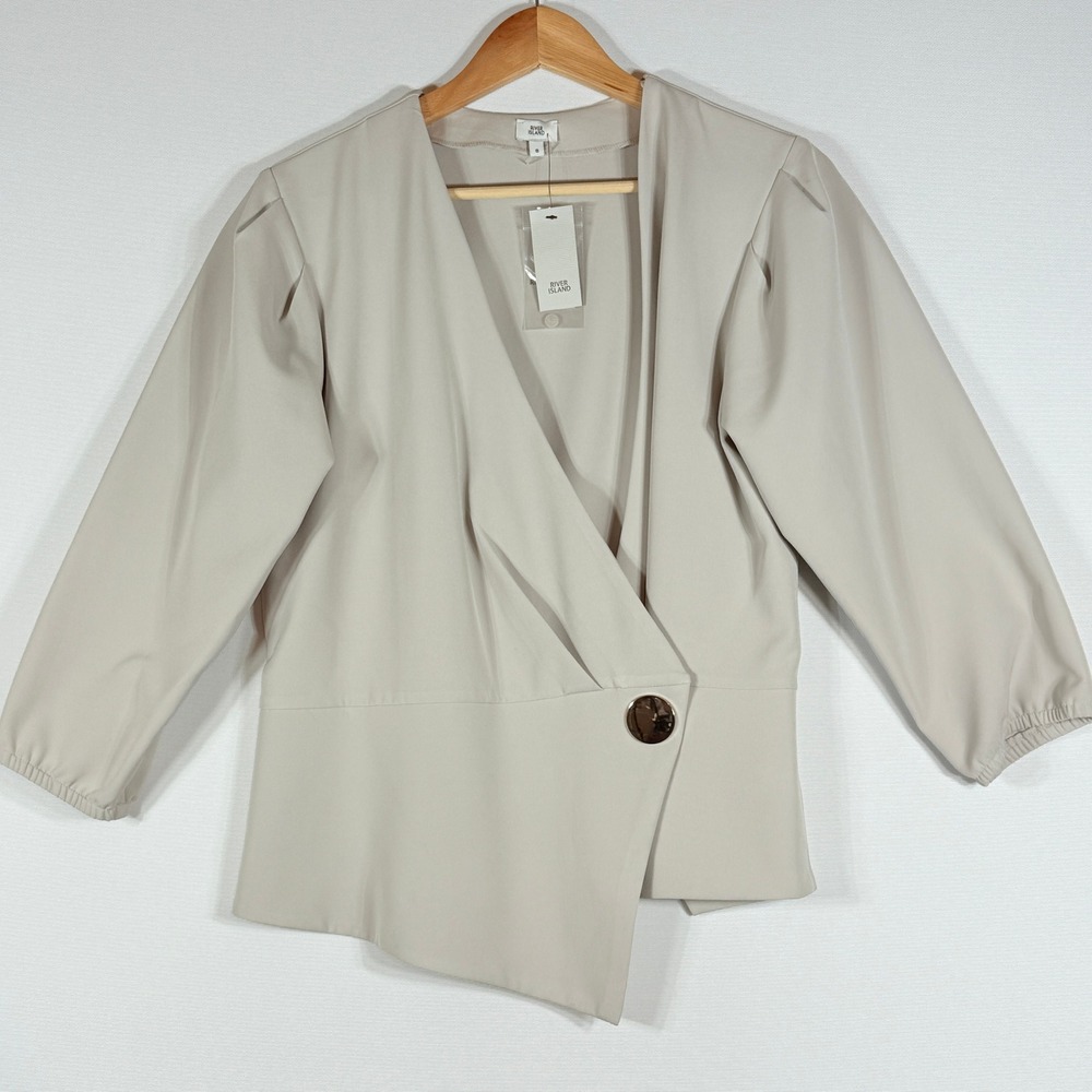 NEW River Island Womens 8 Beige Asymmetric Wrap Blazer Jacket Business‎ Office